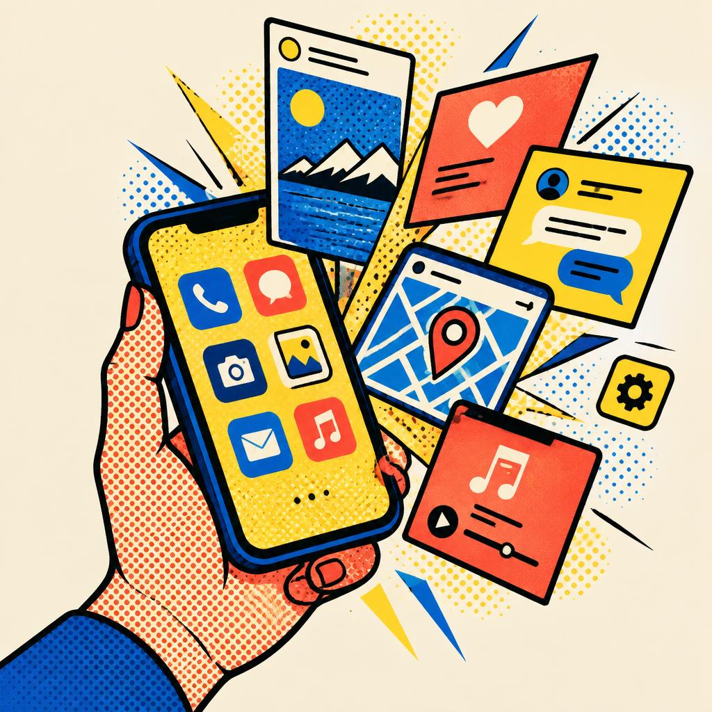 Pop art hand holding a phone bursting with apps
